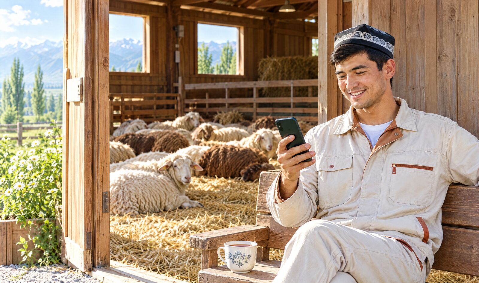 Fermer molxona eshigida telefoniga qarab tinch o‘tiribdi